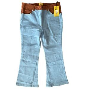 Ladies Large 10 12 Light Blue Denim Flare Jeans Corduroy Smiley Daisies 34" NWT